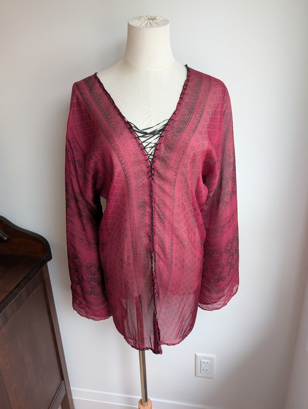 Single Burgundy 100% Silk Kimono Style Blouse with Black Accents